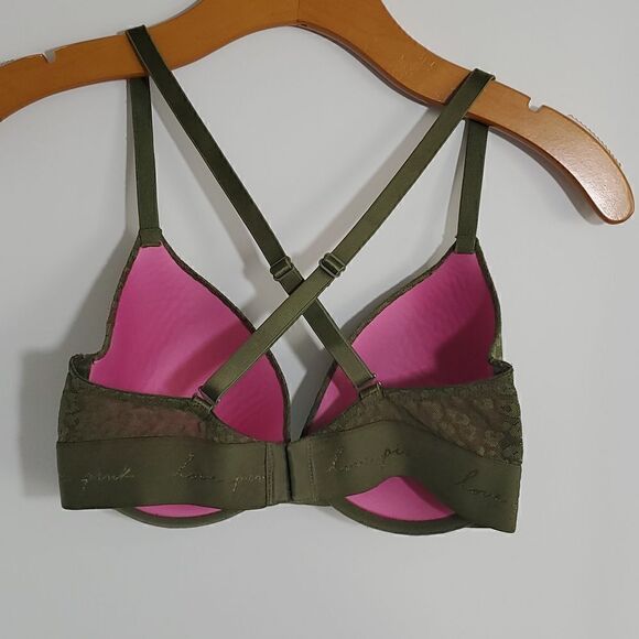 PINK Victoria's Secret Wear Everywhere T-Shirt Lightly Lined Green Lace 32DD - Picture 6 of 11